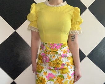 Vintage 1970s Yellow and Floral Maxi Dress