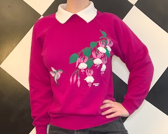 Vintage 1980s Fuchsia Hummingbird Crewneck Sweatshirt Pullover with Collar