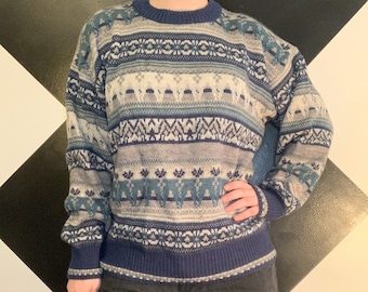 Vintage 1980s Fair Isle Style Crew Neck Pullover Sweater Navy and Grey