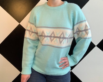 Vintage 1980s Pastel Blue Fair Isle Sweater Traditions by Stefano