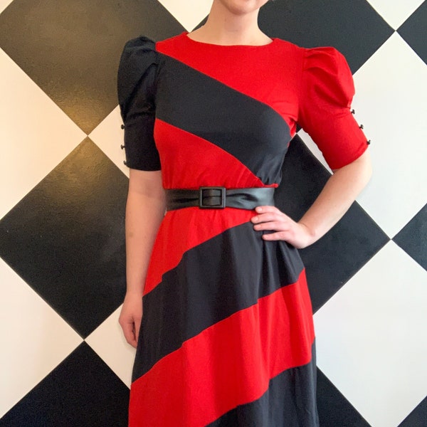 Vintage 1980s Black and Red New Wave Stripe Dress Sue and Lenny