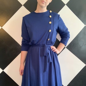 Vintage 1980s Navy Blue Dress with Gold Side Buttons