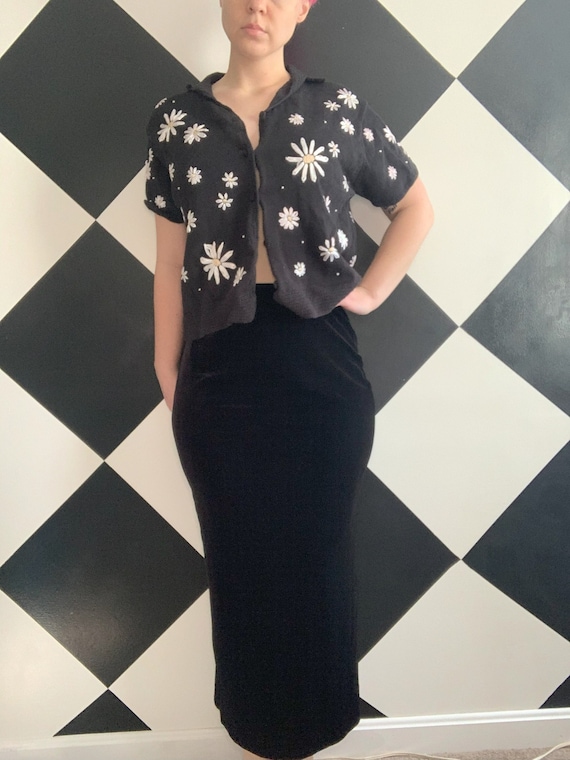 Vintage 1990s Black Velvet Maxi Skirt with Slit in