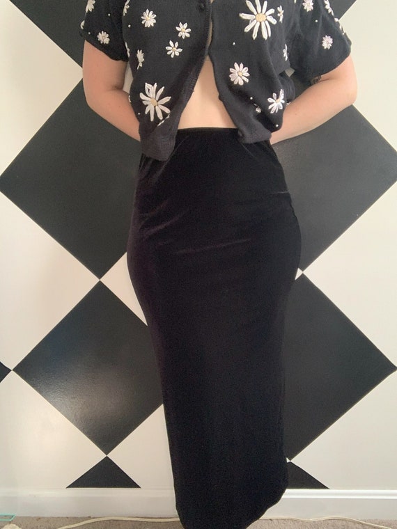 Vintage 1990s Black Velvet Maxi Skirt with Slit i… - image 2