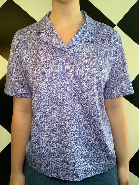 Vintage 1970s Polo Collared Blouse Blue and White - image 3