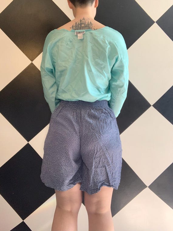 Vintage 1980s High Waisted Blue and White Polka Dot Shorts - Main Image