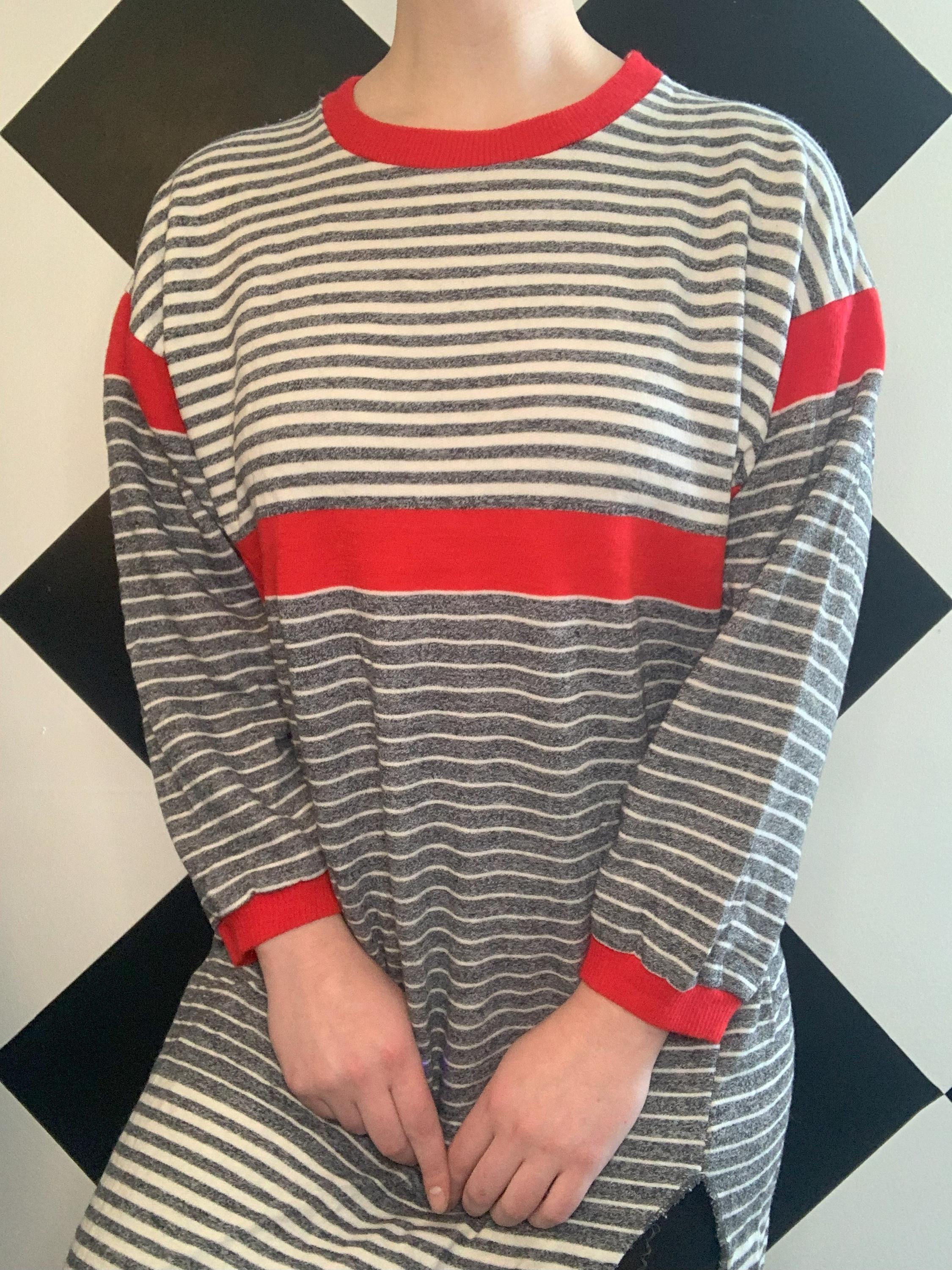 red and grey striped sweater dress Caroleen Striped Midi Sweater Dress – VICI main image 0