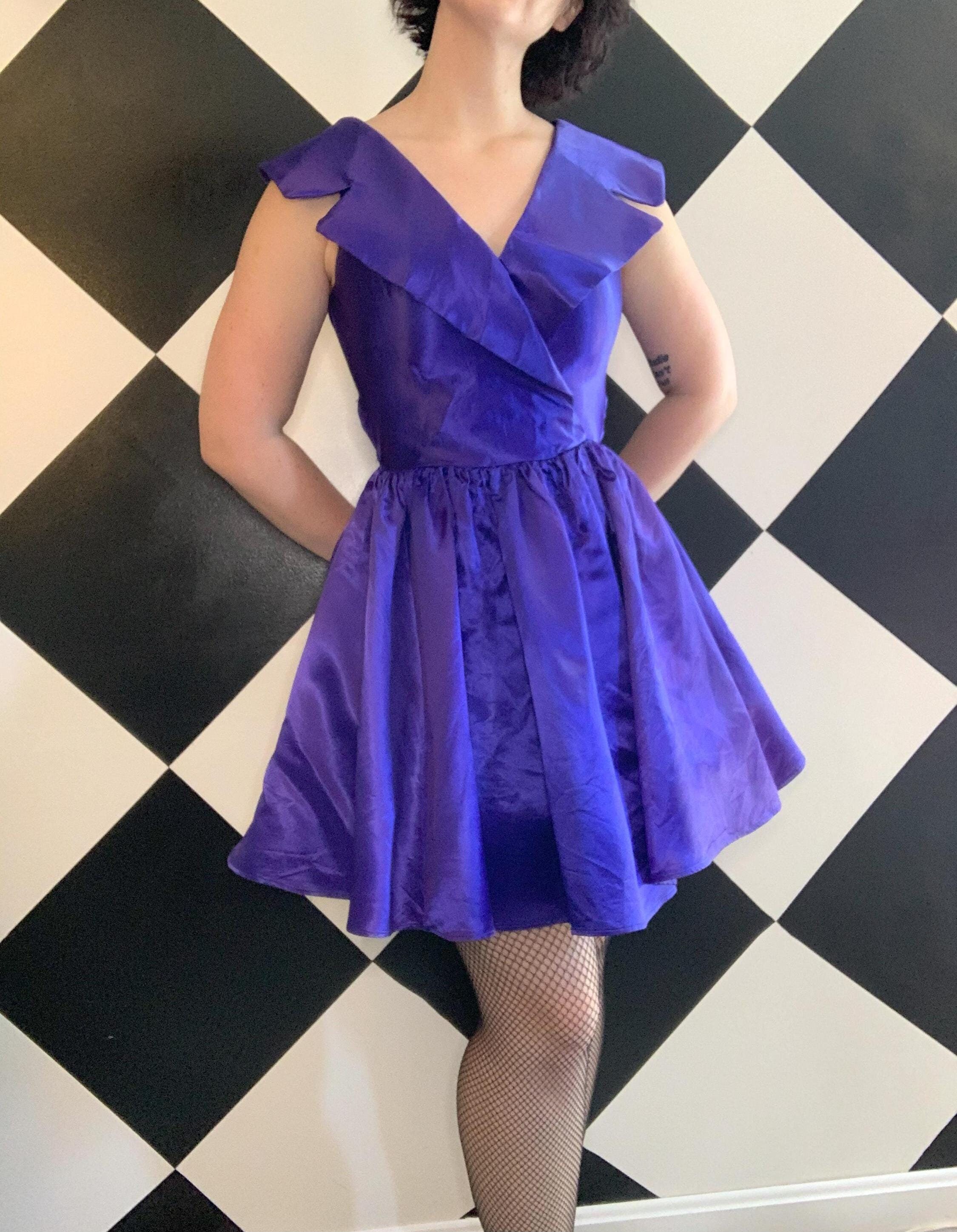 Vintage 1980s Purple Shiny Satin Collared Party Dress