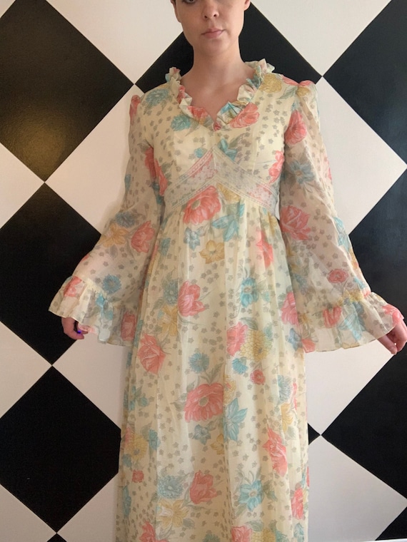 Dreamy Vintage 1970s Bell Sleeve Maxi Full Length 