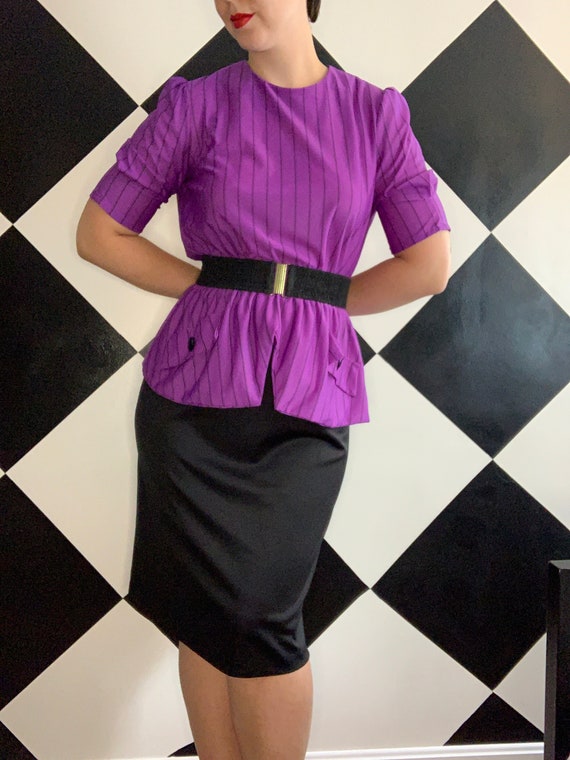 Vintage 1980s Peplum Purple Pinstripe Office Dress