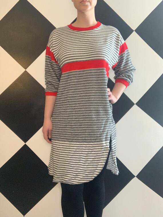 Vintage 1980s Grey and Red Striped Sweater Dress