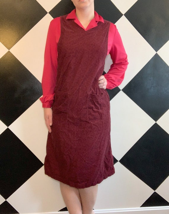 Vintage 1990s Corduroy Red and Black Pinafore Jumper Dress Vintage 1990s Corduroy Red and Black Pinafore Jumper Dress