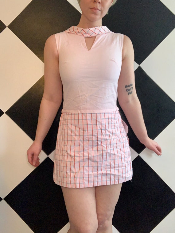 Vintage 1960s Pale Pink and Grid Mod Romper Playsu