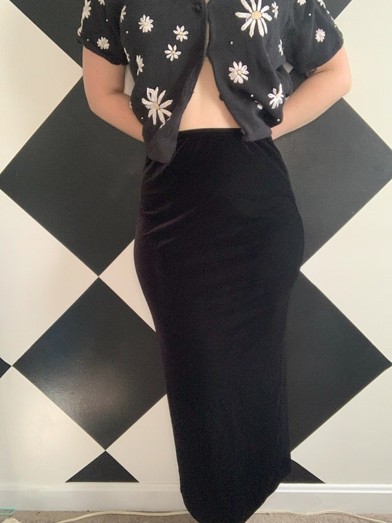 Vintage 1990s Black Velvet Maxi Skirt with Slit i… - image 3