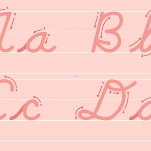 Puede incluir: Un gráfico educativo rosa que muestra las letras cursivas A, B, C y D. Cada letra se muestra en mayúsculas y minúsculas, con flechas numeradas que indican el orden de los trazos. El fondo es rosa claro con líneas horizontales.
