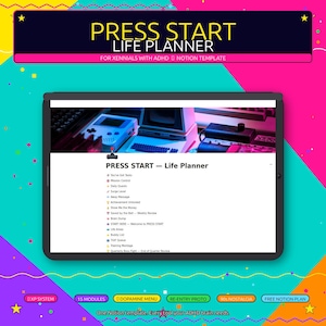 Puede incluir: Una tableta digital muestra la interfaz "PRESS START - Life Planner", con consolas de juegos retro en el fondo. El banner superior dice "PRESS START LIFE PLANNER" en texto amarillo. El diseño está sobre un fondo vibrante y colorido.