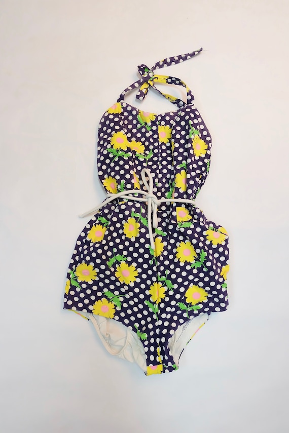 Amazing Vintage 1960s Swimsuit, Floral, polka dot… - image 1