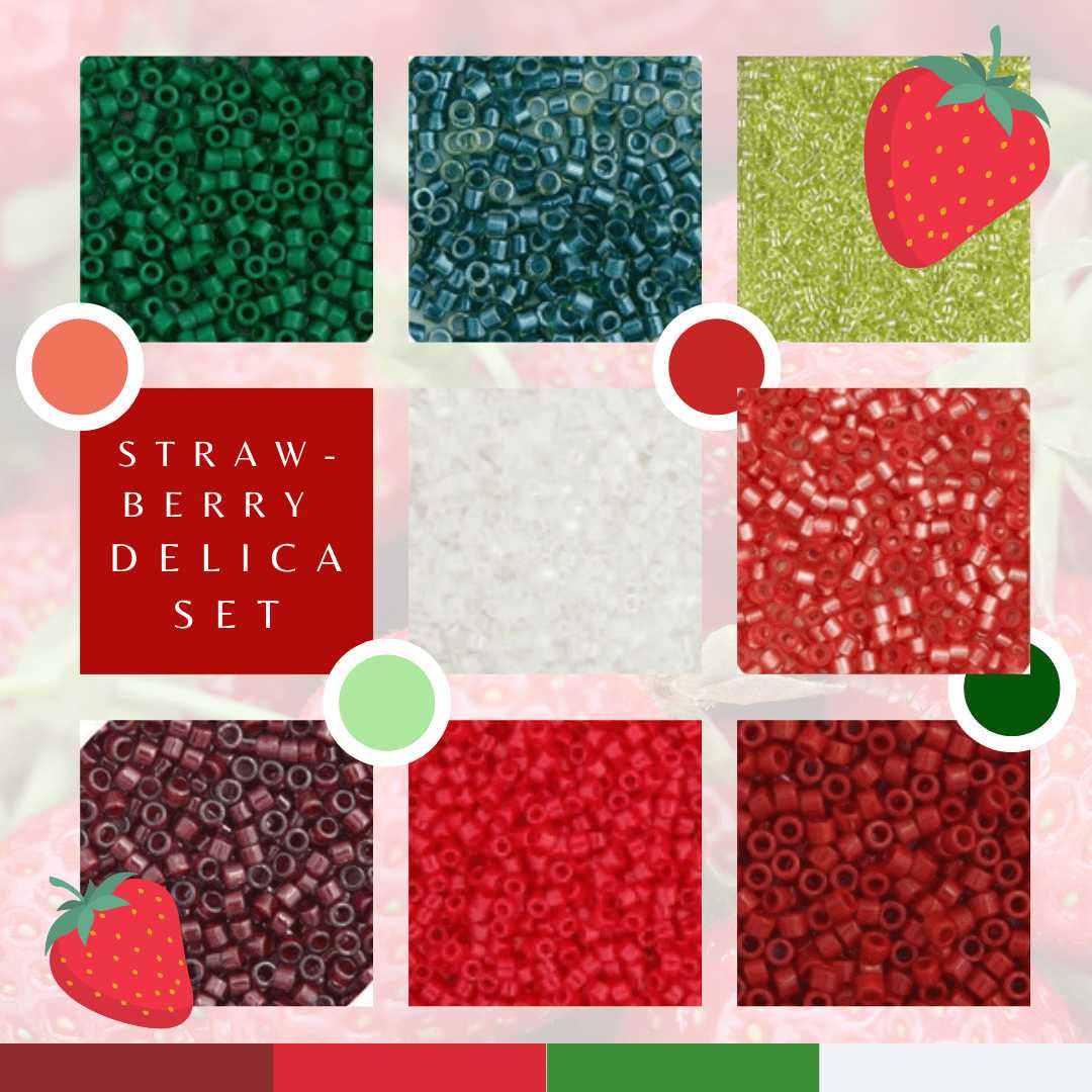 Strawberry 2025" 8 x 11/0 Delica Bead Set, Red, Green, Crystal Lined, Opaque, Luster, Matte, Dyed, Jewelry Beading Supplies, Bead Weaving