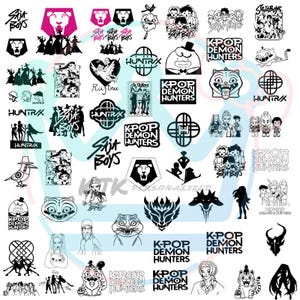 May include: A selection of black and white graphic designs and logos, including text that reads "Saja Boys," "K-Pop Demon Hunters," and "Sataboys." The designs feature various illustrations, such as a lion, a bird, and stylized figures.
