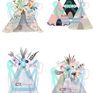 May include: A set of seven watercolor illustrations of tipis with floral and geometric designs. The tipis are in various colors, including pink, blue, and brown. The text "7 PCS TIPI BUNDLE" is written in red at the bottom of the image.