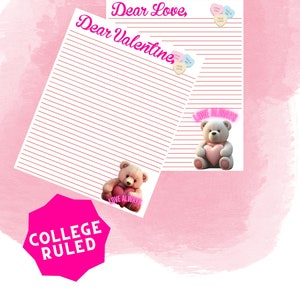 Voor altijd de jouwe: Romantisch Valentijnsdag liefdesnotitiepapier | Digitaal | Afdrukbaar | Liefdesbrief | Teddybeer | Snoepharten | College beslist