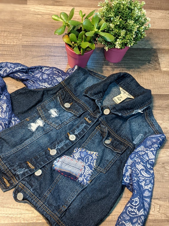 Flowered women\u2019s Jean jacket upcycled lime green lace orange flowered flowered jacket light weight jacket upcycled XL Jean jacket duster