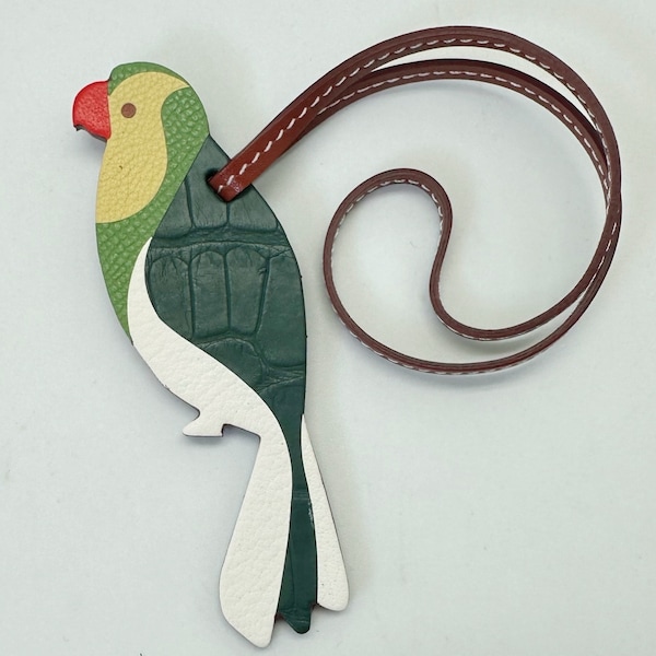 Handmade leather green parrot bird bag charm