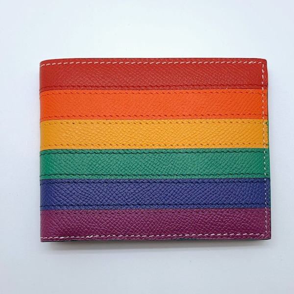 Handmade LGBT rainbow gay lesbian bifold genuine calf leather slim wallet 8 card slots