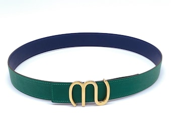 Handmade 32mm genuine calf leather reversible belt strap size 85 with Matt Lucas buckle also a replacement belt for Hermes 32mm buckle