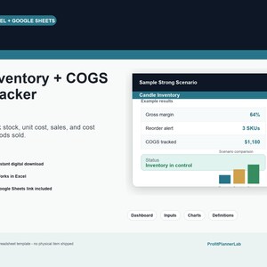 May include: An Inventory + COGS Tracker digital spreadsheet template for Excel and Google Sheets. The interface displays a Sample Strong Scenario with metrics like gross margin, reorder alerts, and COGS tracked, plus navigation tabs for Dashboard, Inputs, Charts, and Definitions.