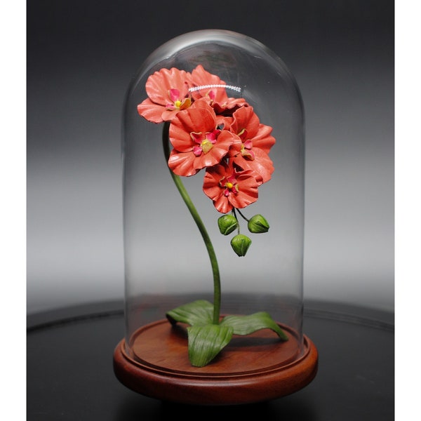 Leather Orchid - 11in Glass Dome - Coral Orange - Mahogany Wood Base - Third 3rd 4th 5th 9th Wedding Anniversary Flower Gift For Her