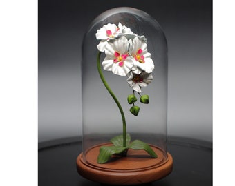 Leather Orchid - 11in Glass Dome - Snow White - Cherry Wood Base - Third 3rd 4th 5th 9th Wedding Anniversary Flower Gift For Her