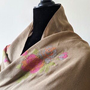 Hand-Embroidered Wool Shawl: Beige Cross-Stitch Wrap