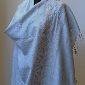Hand-Embroidered Wool Shawl: Ice Blue Grey Pashmina