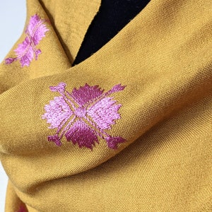 Hand-Embroidered Wool Shawl: Mustard Yellow & Pink Cross Stitch