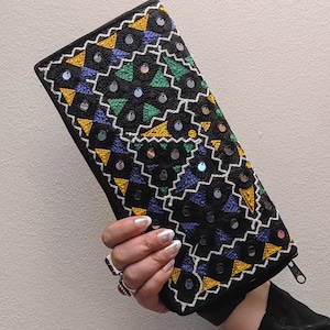 Handmade BOHO Wallet with Tribal Embroidery and a zipper, Purse for Women, clutch, bag, pouch /black/multicolor/Gift for her