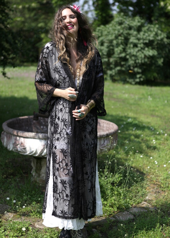 black lace kimono dress Luxurious Black Lace Kimono With Satin