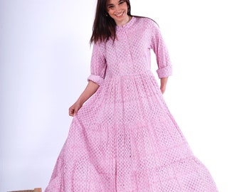 Maxi collar dress pink , woman , block print