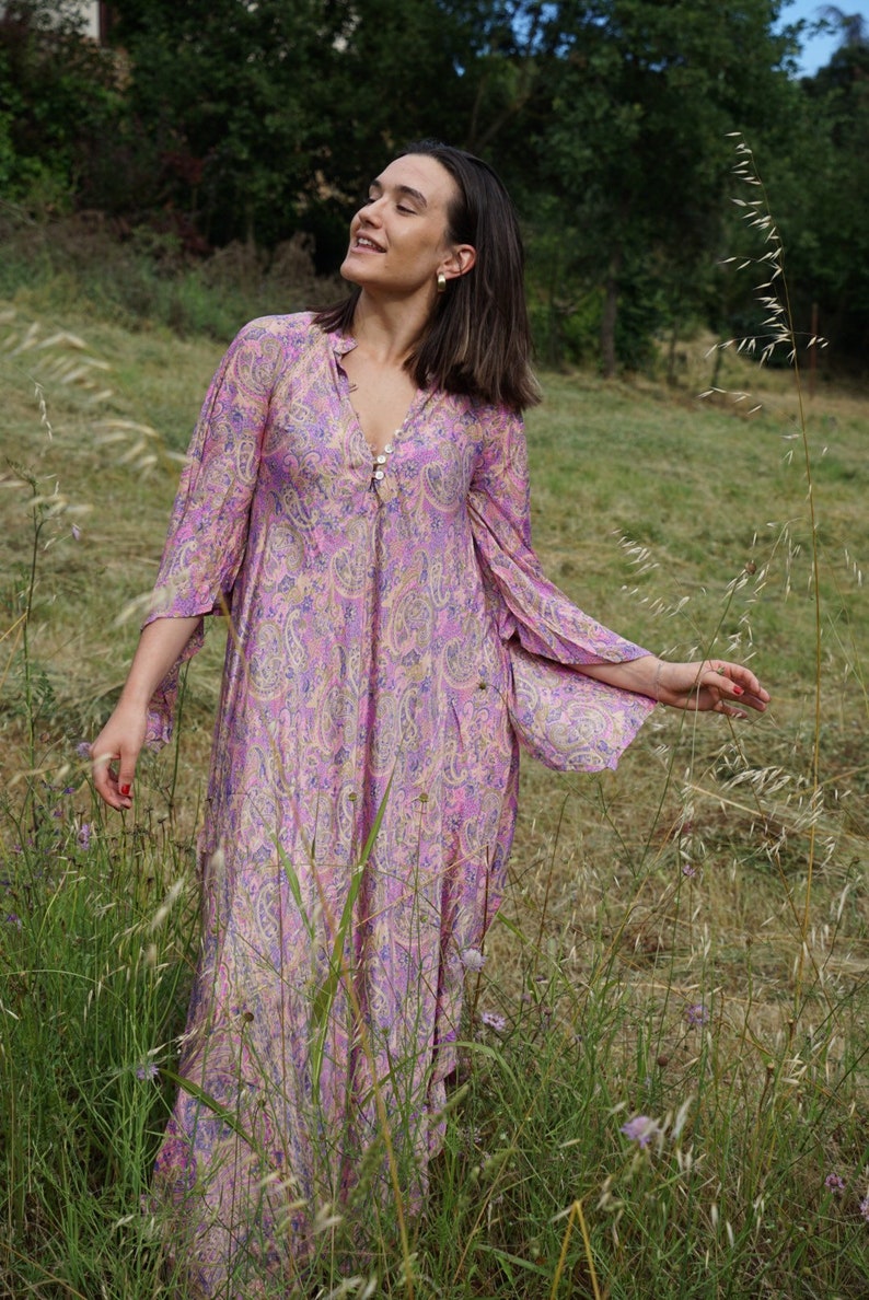 pink 100/% silk woman Vintage maxi