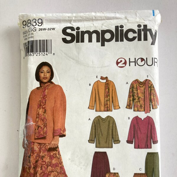 Simplicity UNCUT Pattern 9839, for Women's Tops, Pants, Skirt and Scarf, in Sizes GG (26W-32W), c. 2001