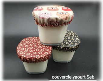 6 Couvercles doublés en tissus enduit,lavable,8 cm, charlottes saladiers,  pour pot yaourt seb....charlotte yogurt , flat cover,fabric cover