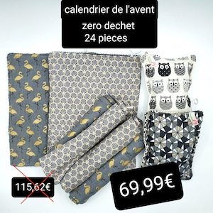 May include: A set of 24 reusable cloths in a variety of patterns, including flamingos, geometric designs, and owls. The cloths are made from zero waste materials and are perfect for cleaning and drying. The set is packaged in a reusable bag. "Calendrier de l'avent zero dechet 24 pieces" is written on the top of the image.
