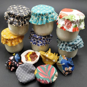 6 Covers lined with coated fabric, washable, expandable charlottes for yogurt pots....charlotte yogurt, flat cover, fabric cover