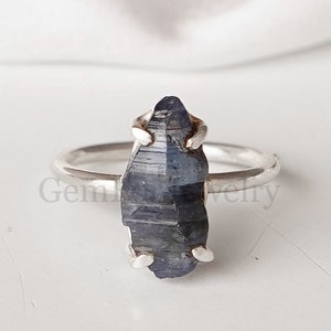 Raw BLUE Sapphire Ring, Natural Terminated Crystal, Sterling Silver Jewelry, Sapphire Rough, Uncut Stone Ring, September Birthstone Jewelry