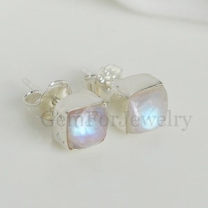 Rainbow Moonstone Earring, Square Cushion Cabochon, Blue Fire Moonstone Earring, Silver Stud Earring, Crystal Earring, June Birthstone Gift