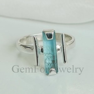 Raw Aquamarine Bar Ring, Silver Multi Bars Ring, Aquamarine Pencil Ring, Unique Design Ring, March Birthstone Jewelry, Silver Handmade Ring