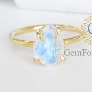 ROHER MONDSTEIN Ring, BLAUER Feuer Schmuck, solides 925 Sterling Silber, handgemachter Rohstein Ring, ungeschliffener Edelstein Ring