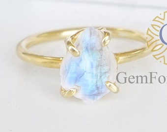 RAW MOONSTONE Ring, BLUE Fire Jewelry, Solid 925 Sterling Silver, Handmade Raw Stone Ring, Uncut Gemstone Ring, Raw Moonstone Jewelry Gift