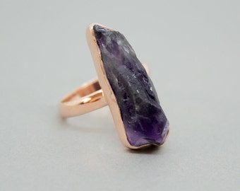 Raw Amethyst Bar Ring, Amethyst Silver Rose Gold Raw Engagement Ring, February Birthstone Ring, Gift For Her, Gemstone Ring, Crystal Ring