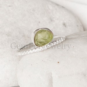 Raw Peridot Crystal Ring, Peridot CZ Ring, Raw Crystal Ring, Natural Gemstone Jewelry, August Birthstone, CZ Ring, Birthday Gift For Her